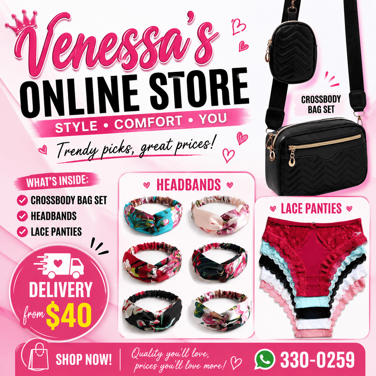 Purses, underwears bonnets headbands